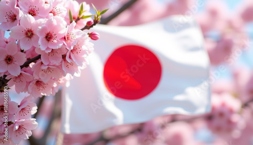 A vibrant banner celebrating National Foundation Day in Japan, adorned with cherry blossoms and ample space for meaningful text. photo