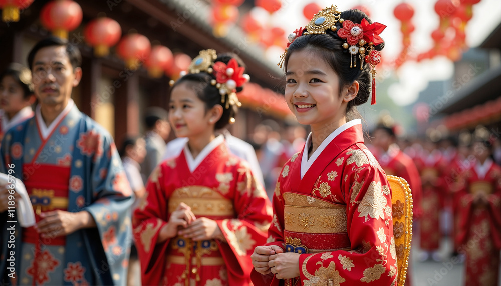 Friends dressed in beautiful kimonos during a joyous celebration for National Foundation Day in Japan, with an attractive banner allowing for custom text. Friends dressed in beautiful kimonos during a joyous celebration for National Foundation Day in Japan, with an attractive banner allowing for custom text.