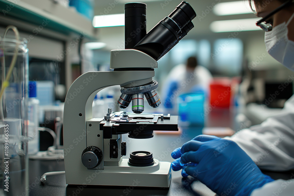 Medical Laboratory Analyzing HMPV Samples with Microscope Medical Laboratory Analyzing HMPV Samples with Microscope