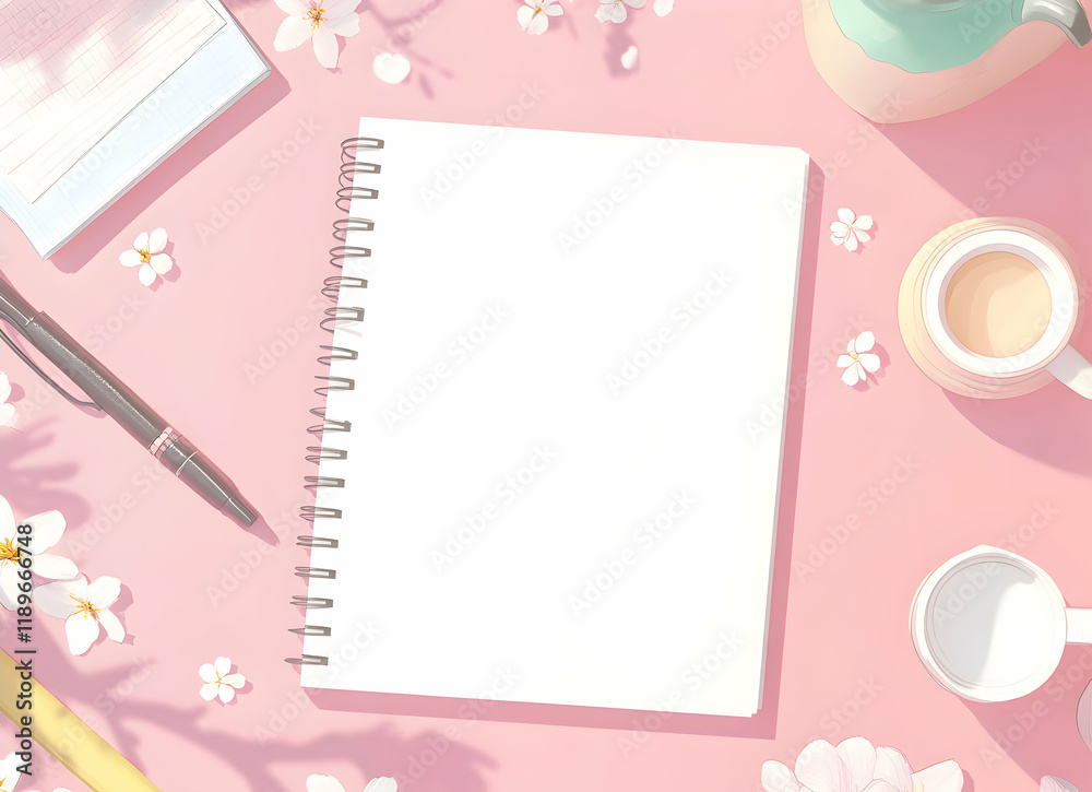 Pink Aesthetic Desk Setup: Notebook, Pen, Flowers, Coffee Pink Aesthetic Desk Setup: Notebook, Pen, Flowers, Coffee