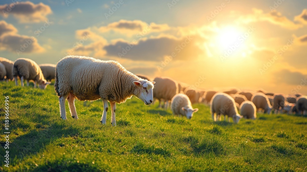 Fototapeta premium Sheep grazing on a green pasture at sunset.