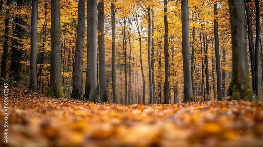 Fototapeta premium Golden Autumn Forest with Tall Trees and Fallen Leaves Creating a Dreamy Woodland Pathway : Generative AI