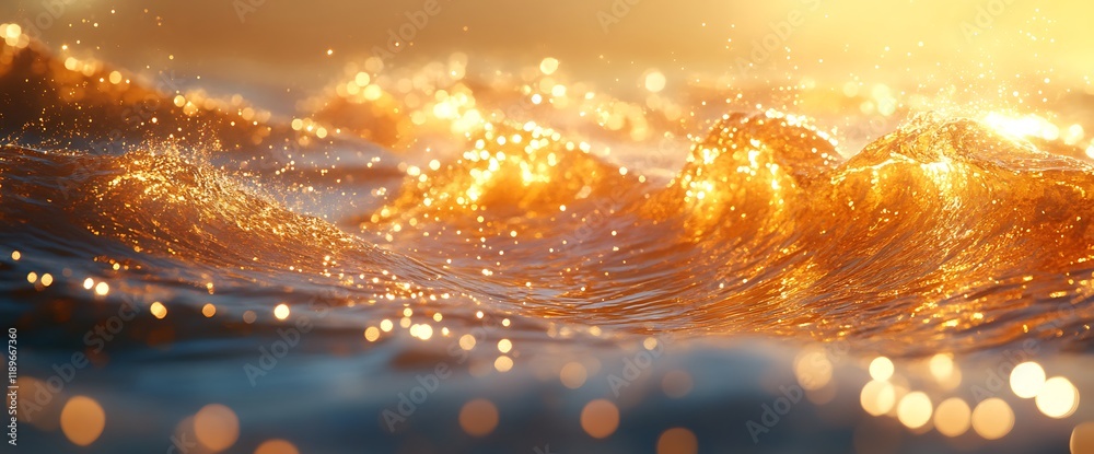 Naklejka premium Golden hour ocean waves with sparkling sunlight reflections.