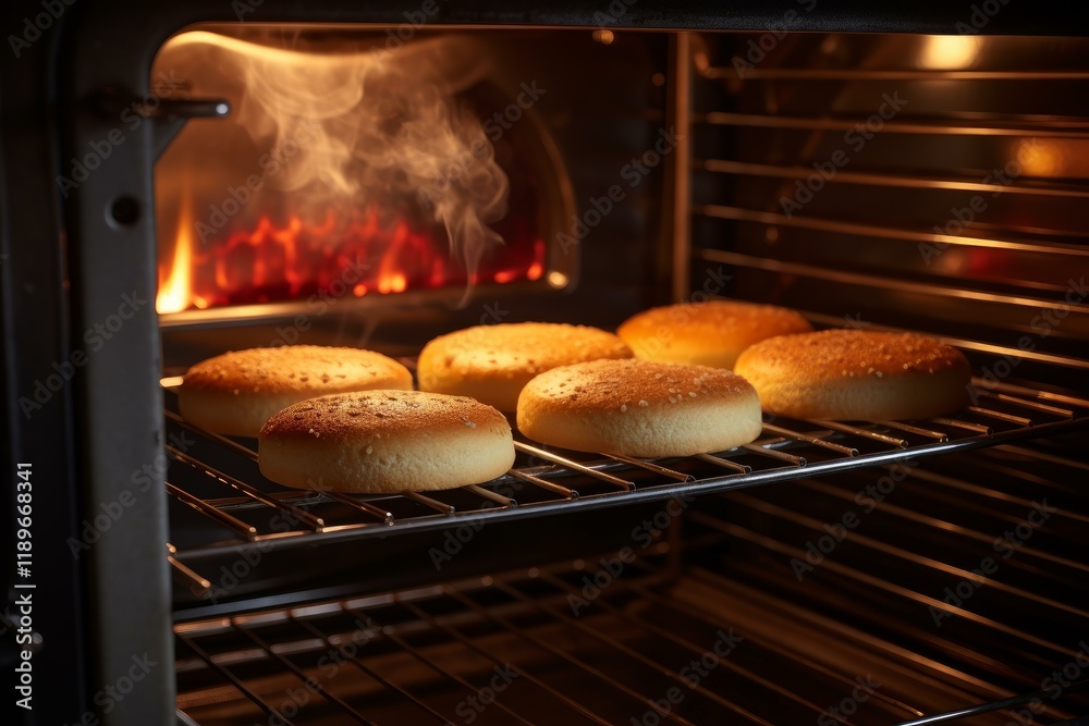 Fresh burger buns are baking in a hot oven, creating steam and a warm glow Fresh burger buns are baking in a hot oven, creating steam and a warm glow