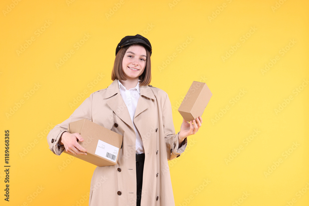 Happy postwoman with parcels on yellow background. Space for text Happy postwoman with parcels on yellow background. Space for text