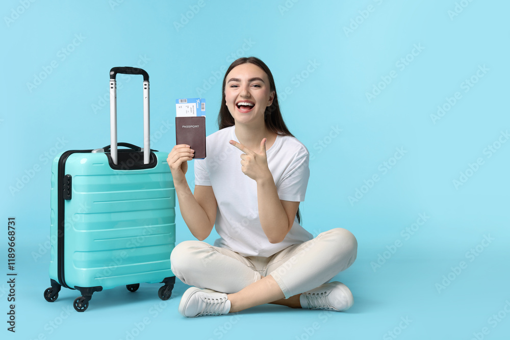 Woman with ticket, passport, and suitcase on light blue background Woman with ticket, passport, and suitcase on light blue background