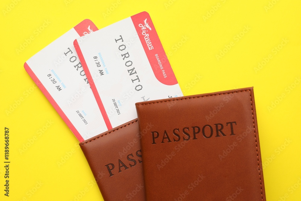 Travel agency. Flight tickets and passports on yellow background, top view Travel agency. Flight tickets and passports on yellow background, top view