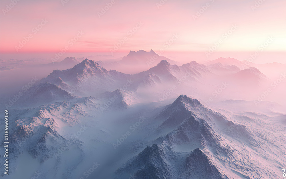 Fototapeta premium Misty Mountain Majesty: A Breathtaking Pink Sunrise over Snow-Capped Peaks