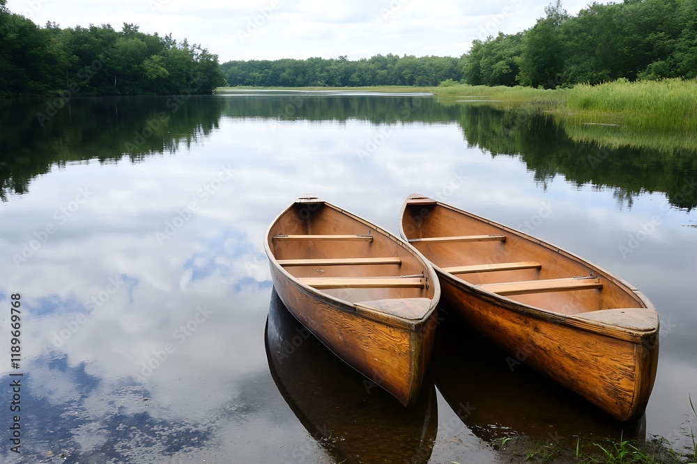 Two wooden canoes resting on a calm lake surrounded by lush forest and serene nature : Generative AI Two wooden canoes resting on a calm lake surrounded by lush forest and serene nature : Generative AI