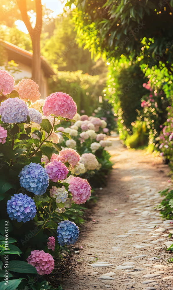 Fototapeta premium Hydrangeas Garden Path: A Serene Summer Stroll