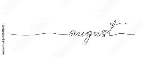 Lettering August drawn with continuous line in minimalism, abstract style, handwritten inscription, calendar, name of month, summer, planner, word, letters, one line, editable vector contour