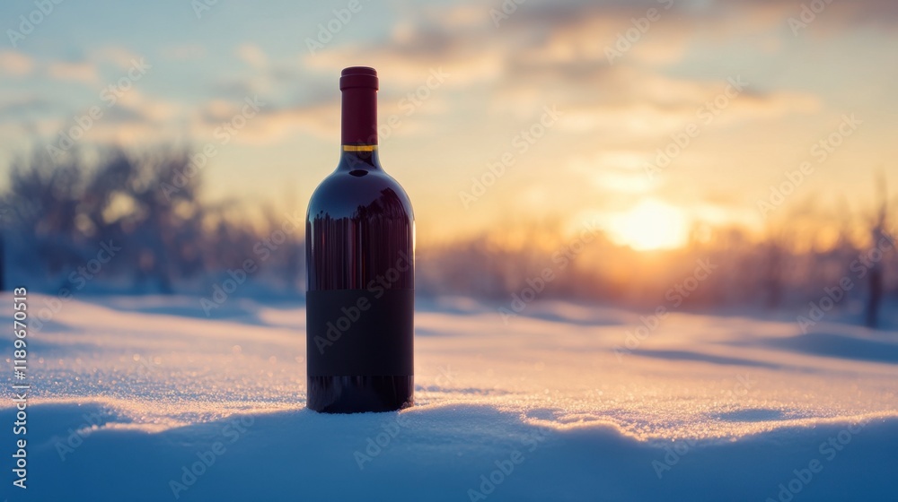 Red Wine Bottle in Snowy Winter Sunset Landscape