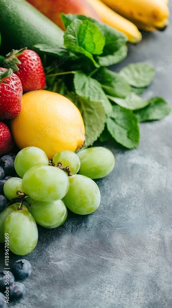 Vibrant assortment of fresh tropical fruits and leafy greens on textured dark background : Generative AI Vibrant assortment of fresh tropical fruits and leafy greens on textured dark background : Generative AI