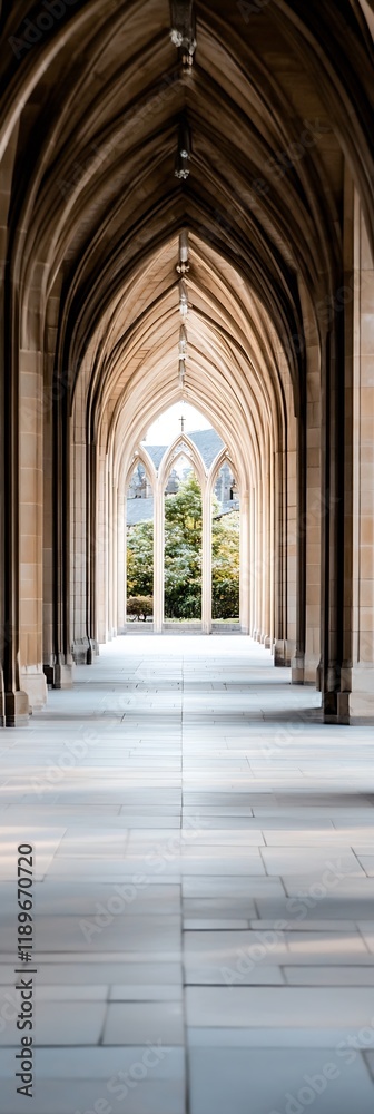 Fototapeta premium Elegant Gothic Architecture with Sunlit Cathedral Arches and Stone Corridor : Generative AI