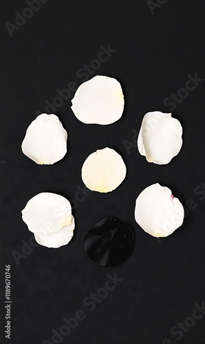 Seven white rose petals arranged around a dark liquid drop on black background. photo