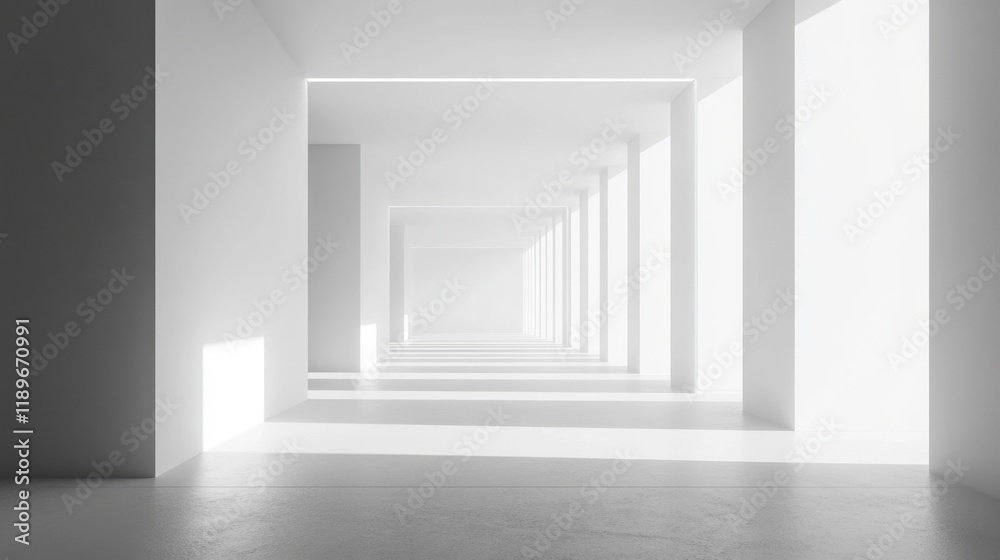 Fototapeta premium Modern White Architecture Corridor, Minimalist Interior Design, Bright Light, Empty Space, Clean Lines, Perspective View