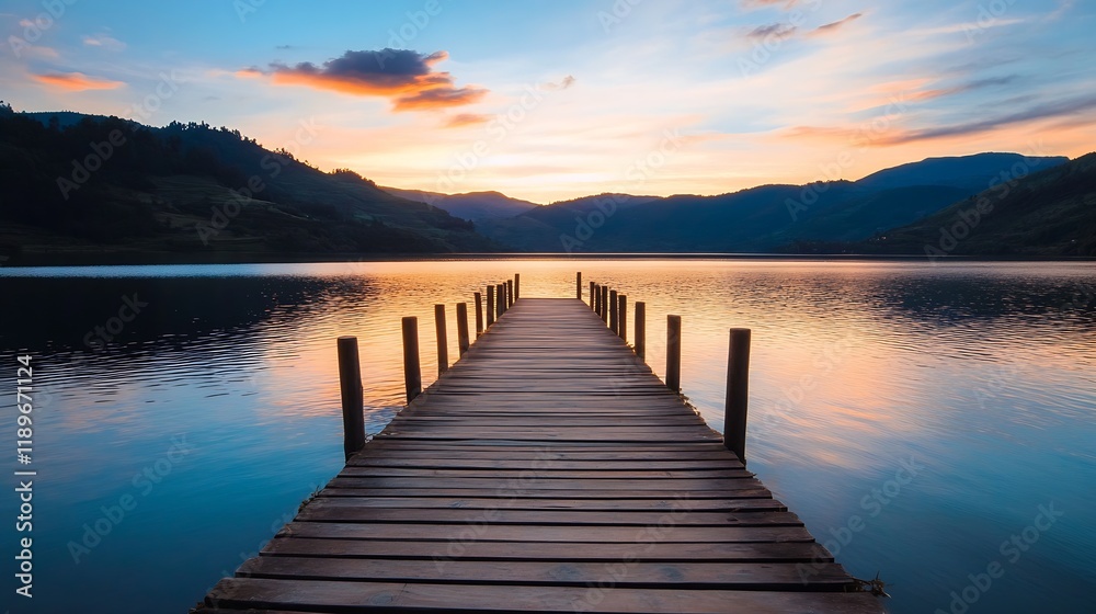 Fototapeta premium Peaceful Sunrise at a Wooden Pier over a Quiet Mountain Lake : Generative AI