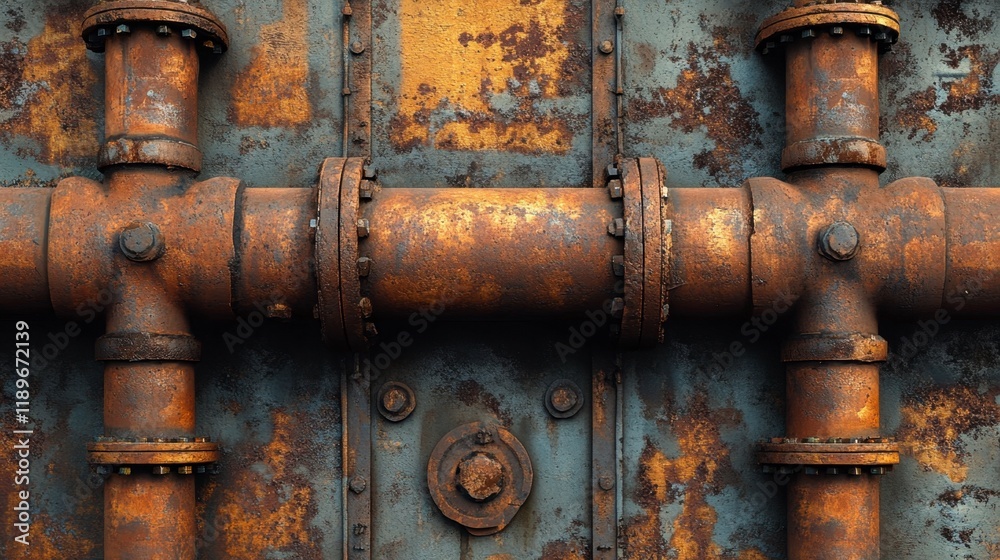 Rusty Industrial Pipes on Weathered Metal Wall Rusty Industrial Pipes on Weathered Metal Wall