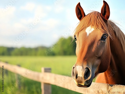 Close Up Portrait of Beautiful Brown Horse with Fence in Pastoral Setting : Generative AI