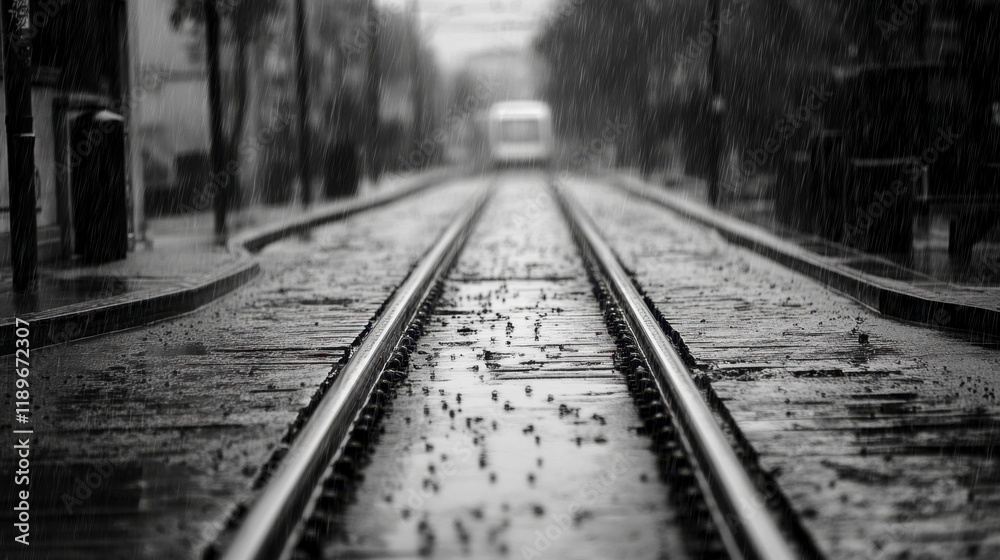 Rainy Day Tram Tracks, Cityscape, Black and White - Melancholy Mood Rainy Day Tram Tracks, Cityscape, Black and White - Melancholy Mood