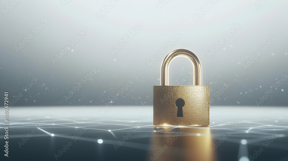 Naklejka premium Cybersecurity concept symbolized by a golden padlock on a reflective surface with subtle digital visuals