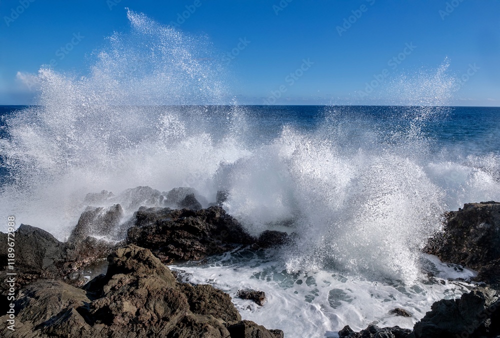 Big waves crashing on rocks in the sea. Hawaii. USA Big waves crashing on rocks in the sea. Hawaii. USA
