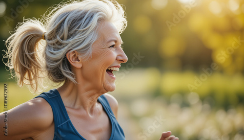 Elderly woman walking and jogging outdoors in the morning enjoying fresh air and nature photo