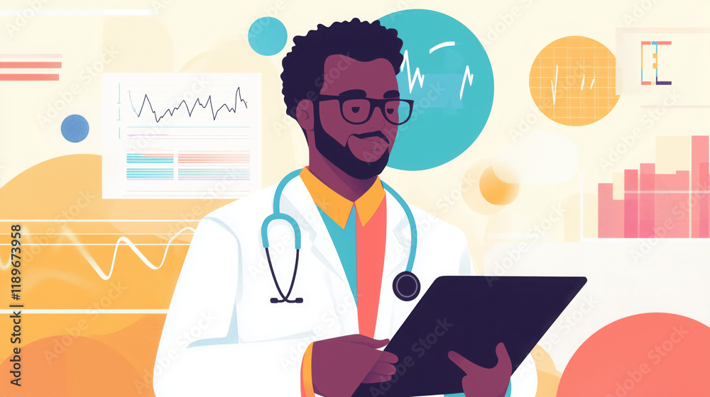 Doctor Reviewing a Patient's Medical Chart on a Tablet, with Blurred Background of Healthcare Industry Graphs Showcasing Trends in Global Medical Technology Advancement Doctor Reviewing a Patient's Medical Chart on a Tablet, with Blurred Background of Healthcare Industry Graphs Showcasing Trends in Global Medical Technology Advancement