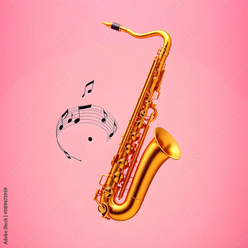 Naklejka premium Gold saxophone and music notes on a pink background, creating a vibrant and artistic atmosphere