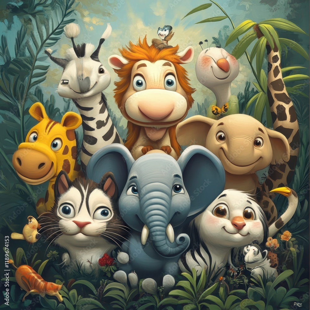 Naklejka premium Adorable Jungle Animals Group Portrait Together