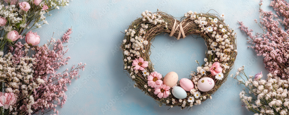 Heart-Shaped Floral Wreath With Easter Eggs and Pastel Colored Flowers. Heart-Shaped Floral Wreath With Easter Eggs and Pastel Colored Flowers.