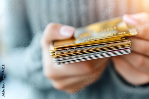 Closeup of Hands Holding Stack of Various Credit Cards for Financial Shopping Concept : Generative AI photo