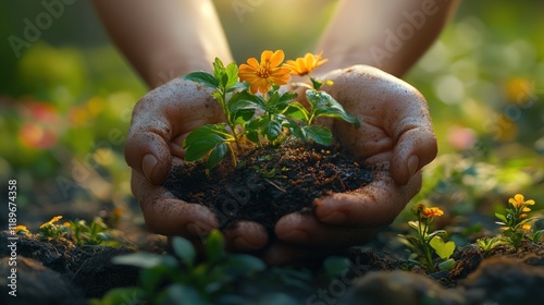 Hands cupping fertile soil with a small plant and flowers.