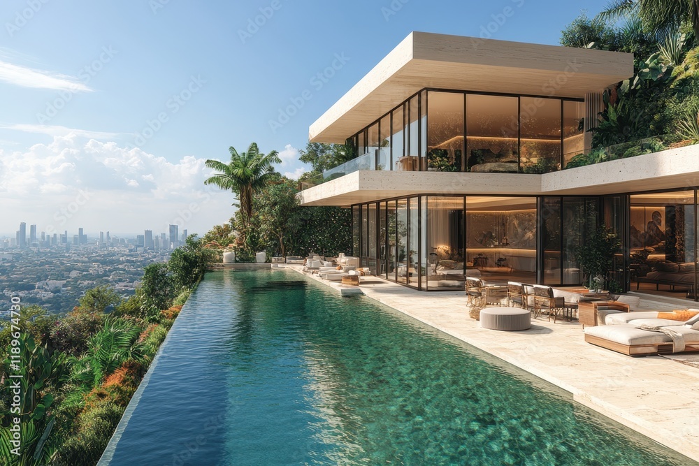 Fototapeta premium Modern luxury villa with infinity pool and city view.