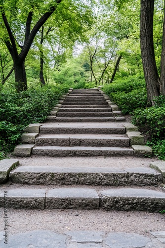 Serene Stone Stairway in Lush Green Park Leading to Scenic Forest Area : Generative AI