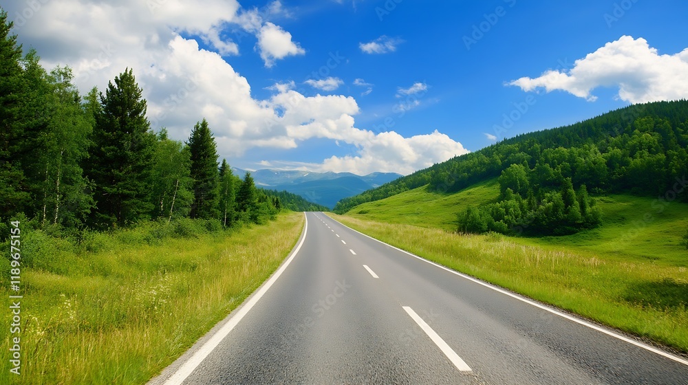 Scenic Open Road Through Verdant Green Forrest Under Clear Blue Skies and Puffy Clouds : Generative AI Scenic Open Road Through Verdant Green Forrest Under Clear Blue Skies and Puffy Clouds : Generative AI