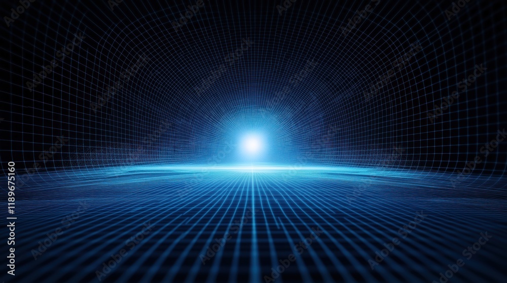 Obraz premium Futuristic digital tech background shows symmetrical blue radial lighting effect. Grid perspective pattern creates abstract design. Glowing lines, squares form dynamic illustration. Bright light