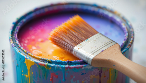 A paint can with a brush ready for a fresh coat of color on a surface. photo