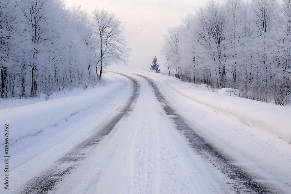 Serene Winter Landscape with Snow Covered Road Among Bare Trees in Tranquil Forest Setting : Generative AI Serene Winter Landscape with Snow Covered Road Among Bare Trees in Tranquil Forest Setting : Generative AI