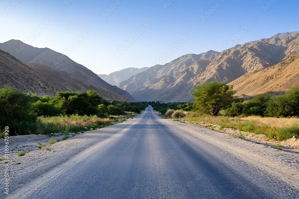Scenic Asphalt Road Leading into Majestic Desert Mountain Range Under Clear Blue Sky : Generative AI Scenic Asphalt Road Leading into Majestic Desert Mountain Range Under Clear Blue Sky : Generative AI