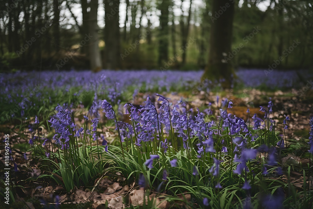 A carpet of vibrant bluebells blankets the forest floor, their delicate bells a stunning contrast against the muted greens and browns of the woodland. Sunlight filters through the trees, illuminating 