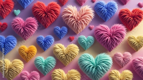 A vibrant and playful 3D fur texture heart design, filled with bright colors and soft, fluffy details, creating a fun, cozy, and visually appealing piece of digital art