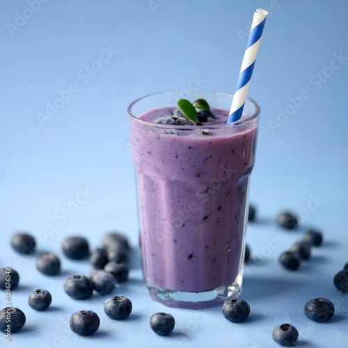 Blaubeer-Smoothie mit Blaubeeren und hellblauem Strohhalm photo