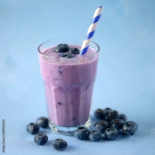 Fruchtiger Blaubeer-Smoothie mit Blaubeeren und Strohhalm photo