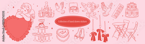 Vintage Wedding Collection. Cute angel with wings, wedding shoes, cakes, candles, cocktail glasses. Elegant hand-drawn line illustrations in whimsical coquette doodle style for Valentine's Day.
