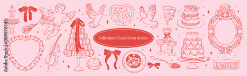 Romantic Cute Illustration Collection. Angel with harp, doves, macaroons decorated with ribbon bow, birthday cakes. Coquette doodle in hand-drawn line style for Wedding or Valentine's Day.