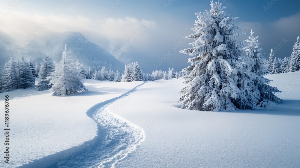 Fototapeta premium Winter Wonderland with Snow Covered Path Leading to Forested Mountains Under Blue Sky : Generative AI