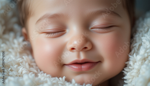 Baby smiling and peacefully sleeping in deep sleep, with a serene expression on its face. photo