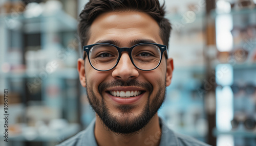 Customer trying on new glasses at optical store for perfect vision and style. photo