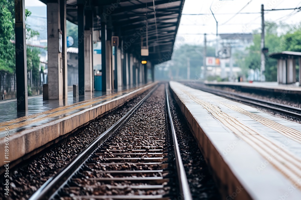 Empty Train Station with Wet Platform on Rainy Overcast Day : Generative AI Empty Train Station with Wet Platform on Rainy Overcast Day : Generative AI